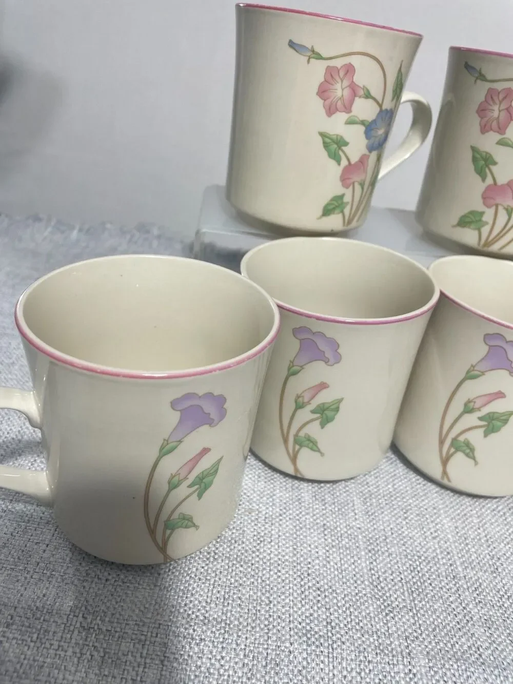 STONE WARE PRIMAVERA 8495 VINTAGE Pingk & Blue Floral‎ COFFEE MUGS SET/6 cups